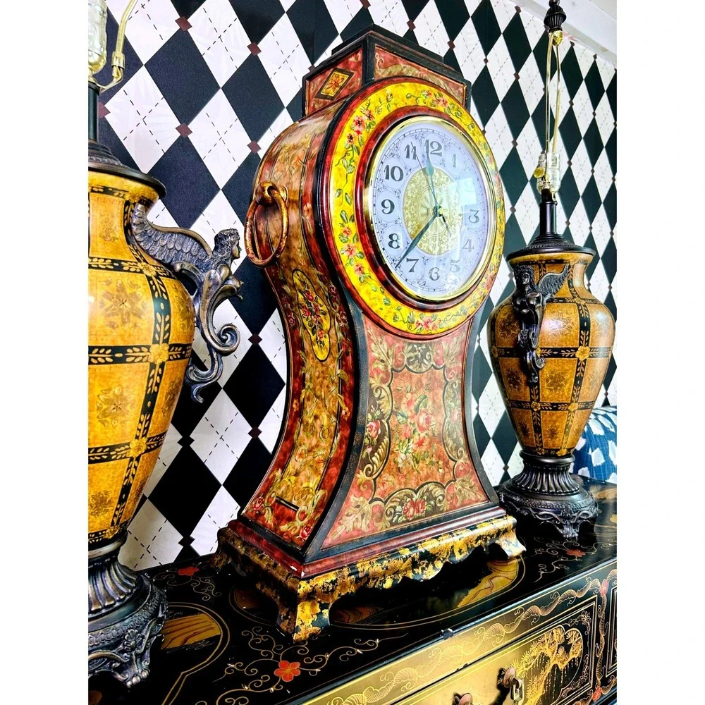 Oversized 2ft Tall Italian Florentine Style Mantel Clock Hand Painted